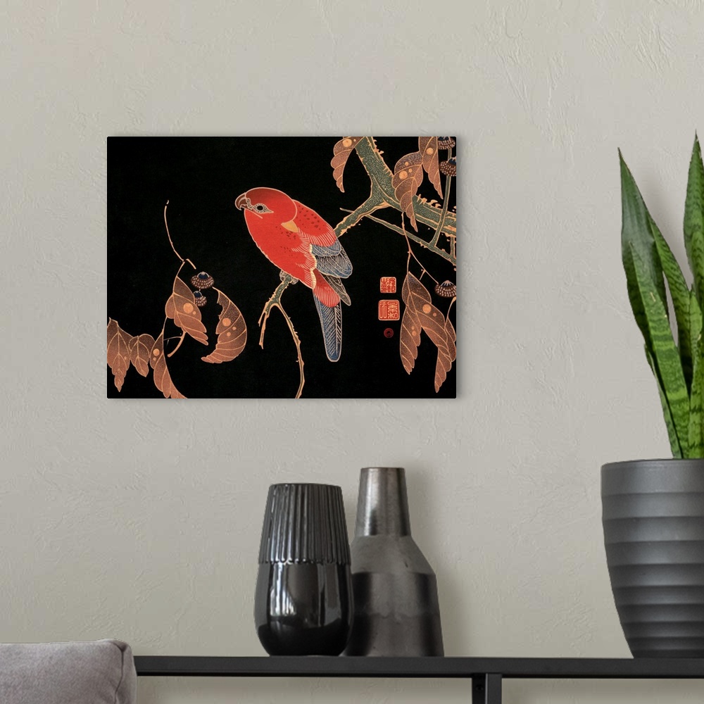 A modern room featuring Japanese woodblock print of a red lory perched on a tree branch.
