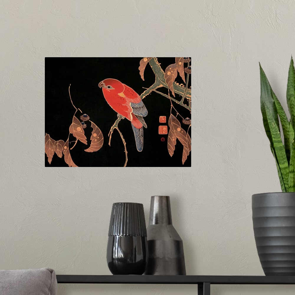 A modern room featuring Japanese woodblock print of a red lory perched on a tree branch.
