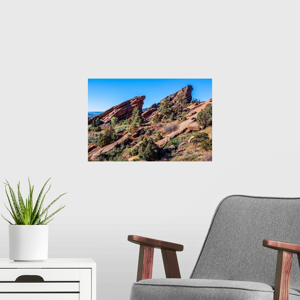 A modern room featuring Photo of rising rocks along Red Rocks trail in Colorado.