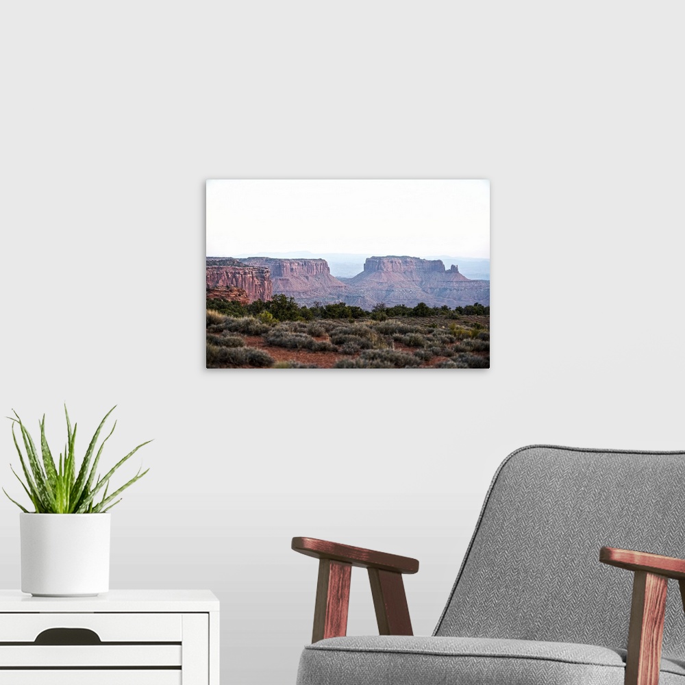 A modern room featuring Red sandstone mesas rise over the desert brush in Canyonlands National Park, Moab, Utah.