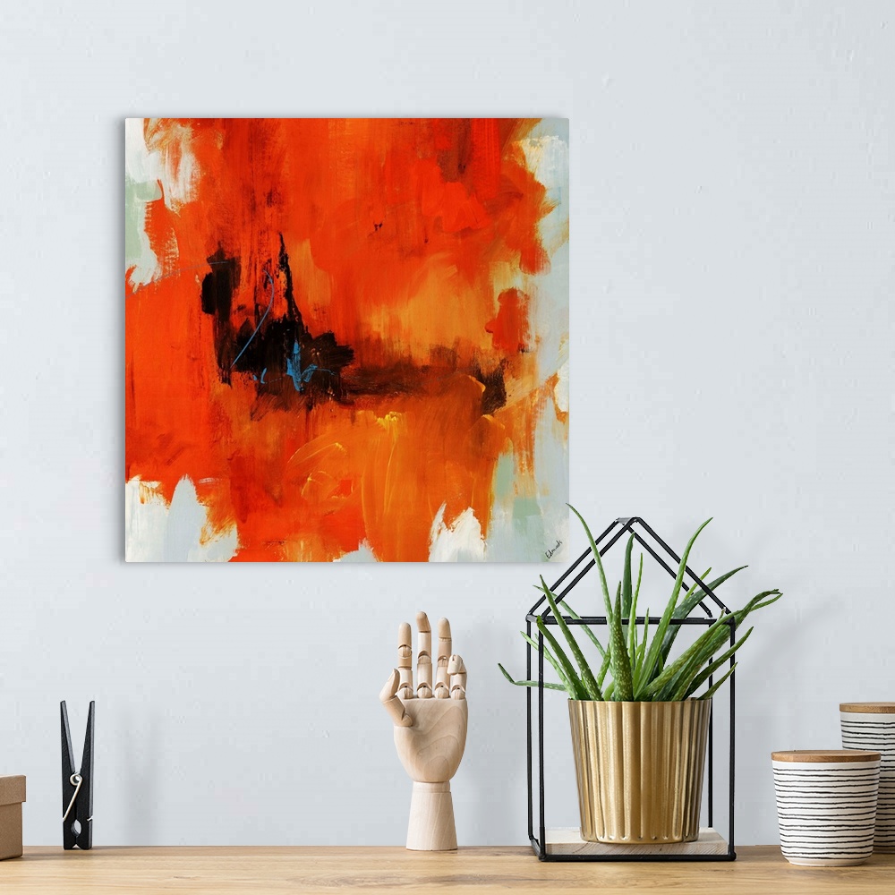 A bohemian room featuring Abstract painting on a square canvas of large bright warm paint strokes contrasted against lighte...