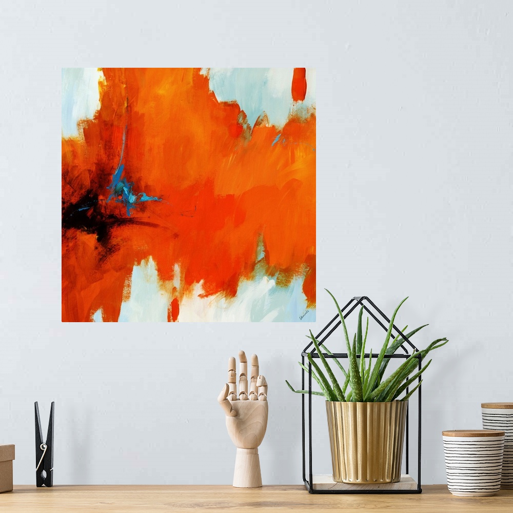 A bohemian room featuring Contemporary painting on a square canvas of an abstract vision involving intense, hot color retre...