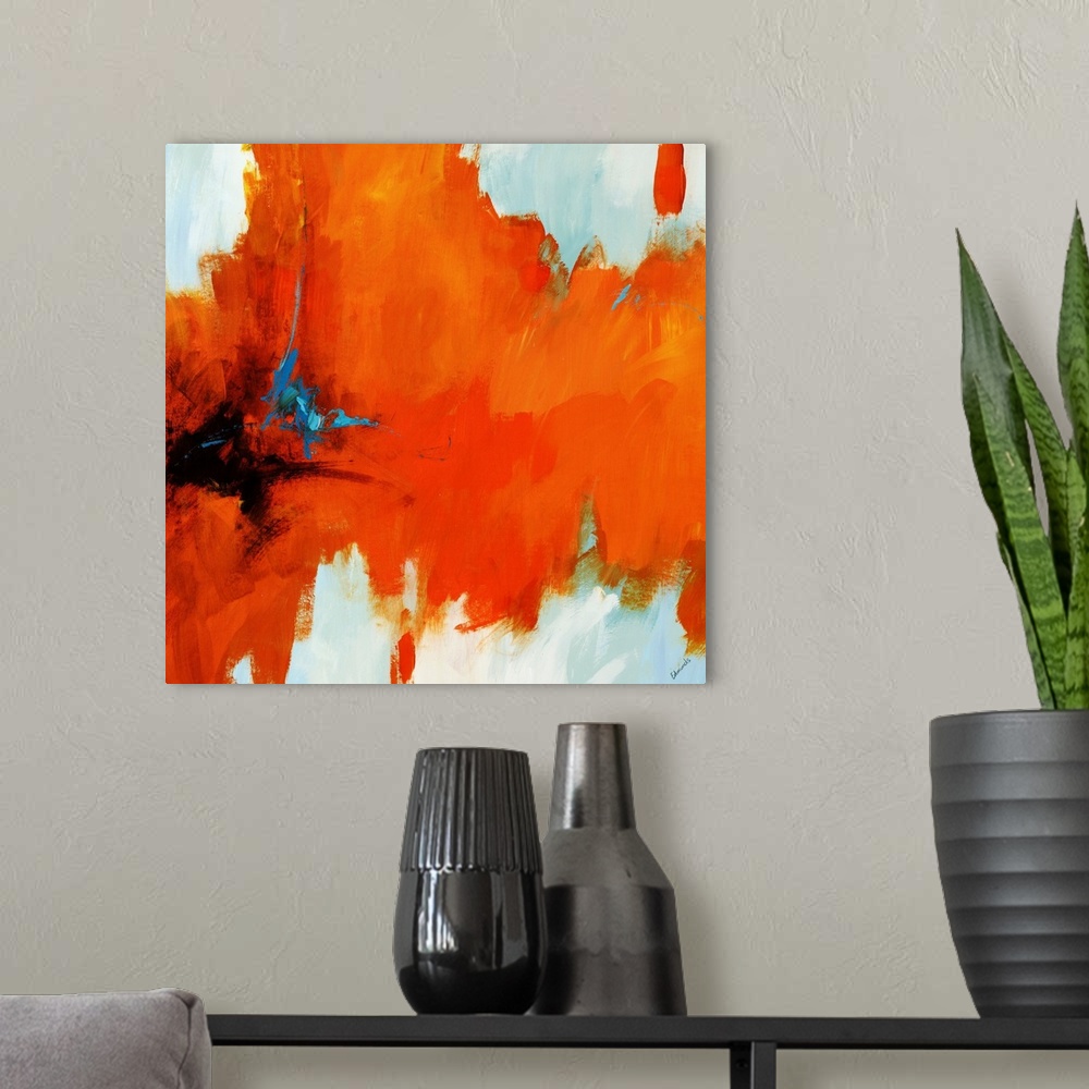 A modern room featuring Contemporary painting on a square canvas of an abstract vision involving intense, hot color retre...