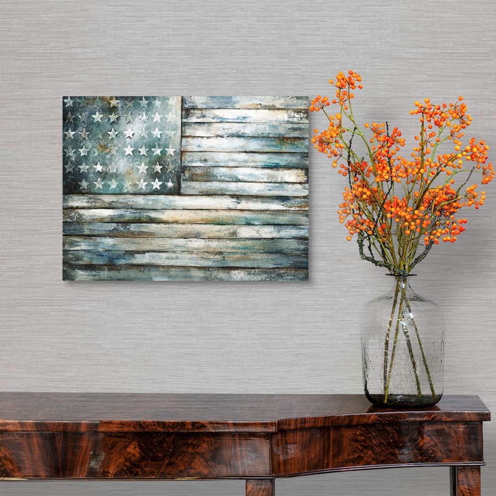 A traditional room featuring Contemporary painting of a wooden and weathered looking American flag.