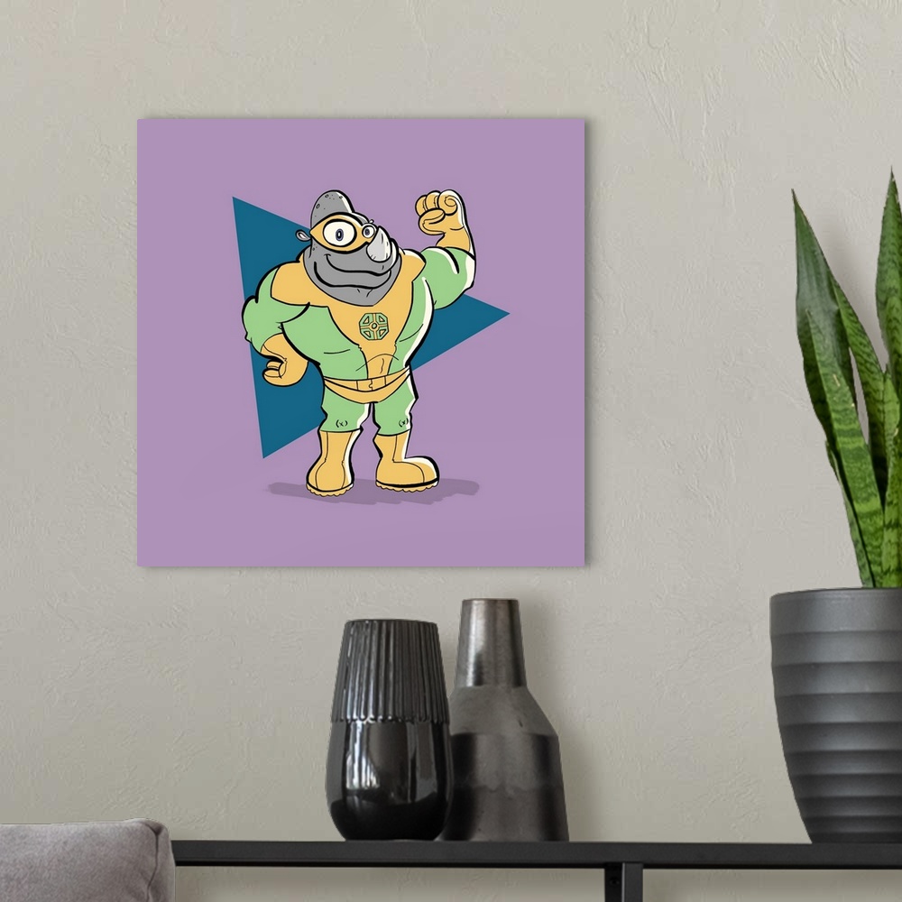 A modern room featuring A rhinoceros superhero wearing a costume and flexing.