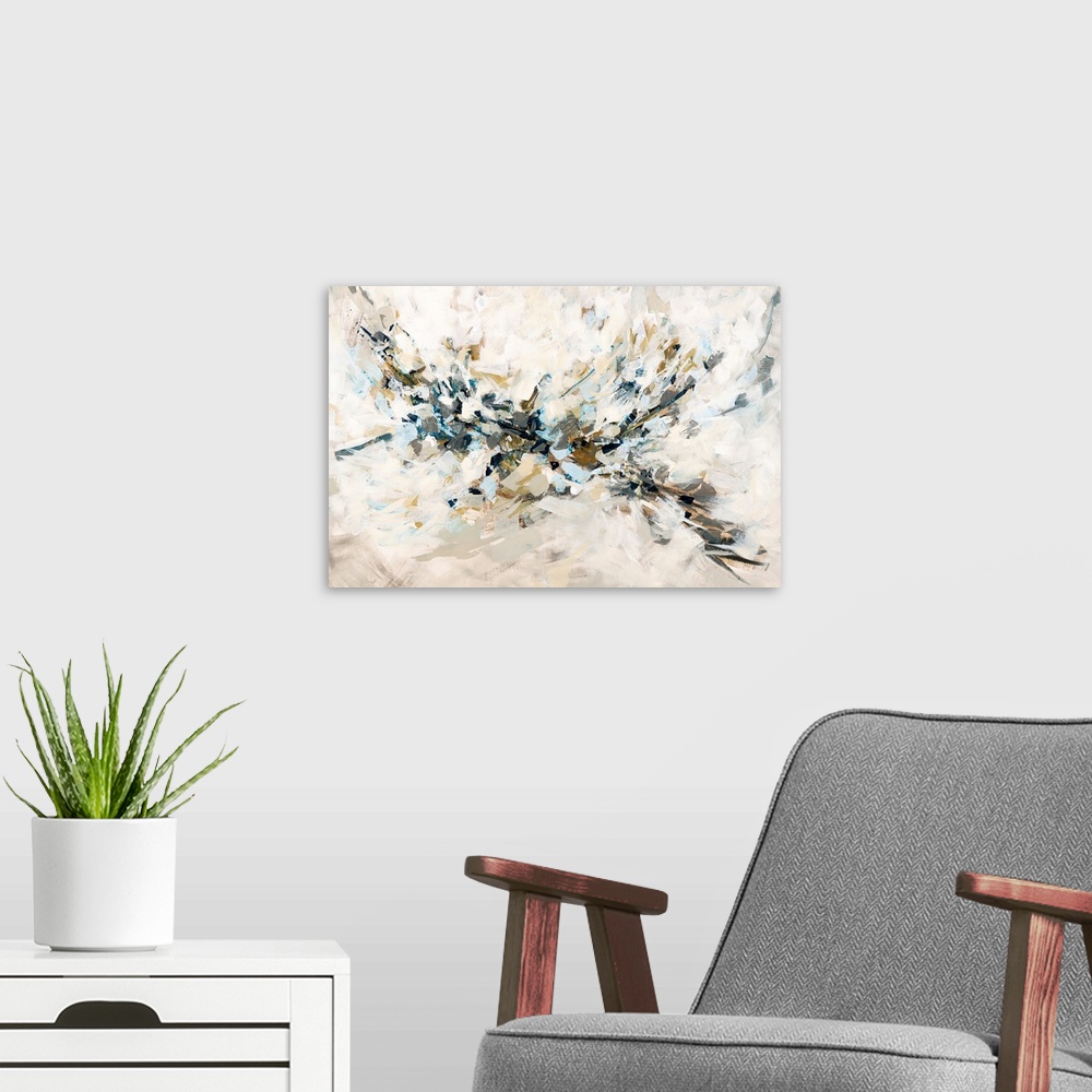 A modern room featuring Contemporary abstract painting of black and brown streaks arranged to resemble a bird in flight.