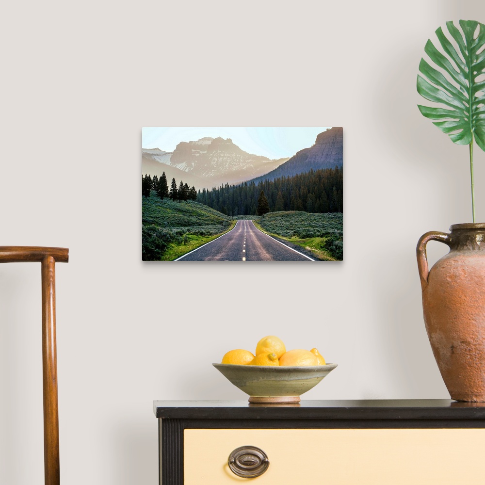 A traditional room featuring Horizontal image of a road heading to the mountains at Yellowstone National Park.