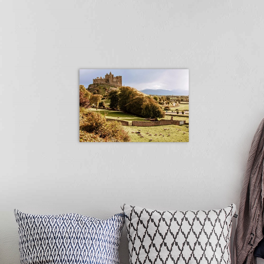 A bohemian room featuring Distant photograph of the Rock of Cashel located in Cashel, County Tipperary, Ireland, with a fie...