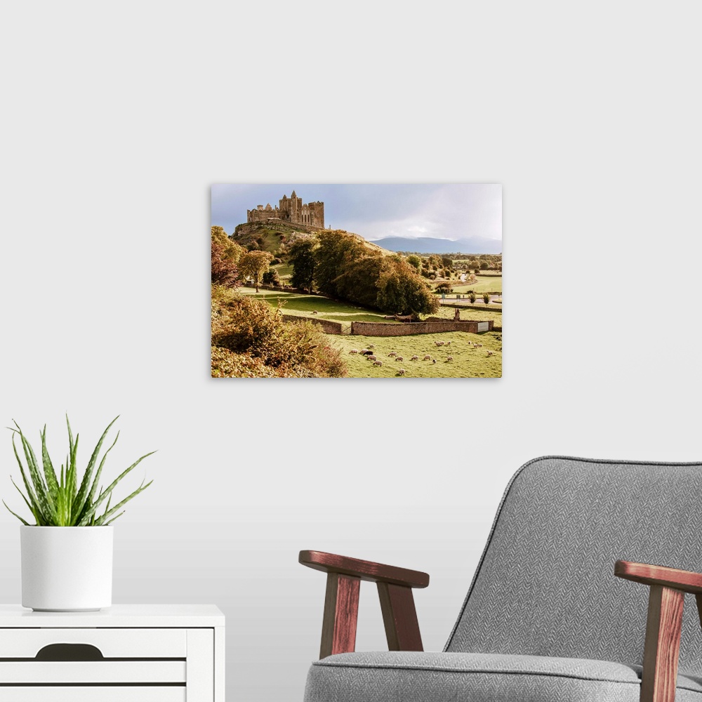 A modern room featuring Distant photograph of the Rock of Cashel located in Cashel, County Tipperary, Ireland, with a fie...