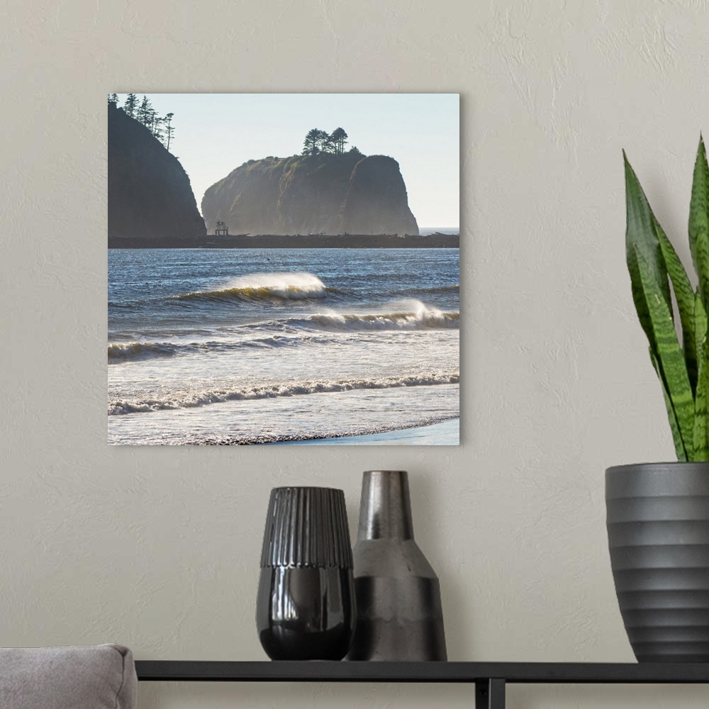 A modern room featuring Square landscape photograph of the rocky cliffs in La Push, Washington.