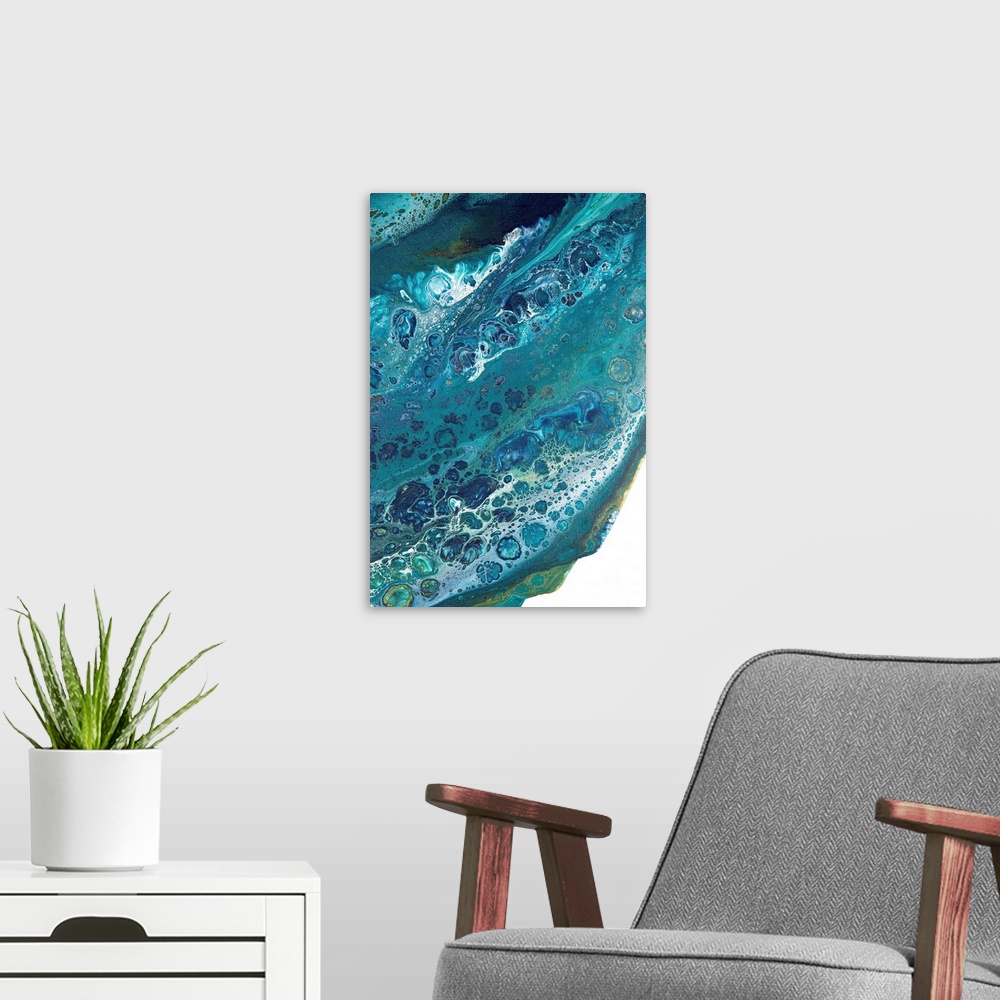 A modern room featuring Abstract contemporary painting in color tones resembling the ocean, applied in a marbling effect.