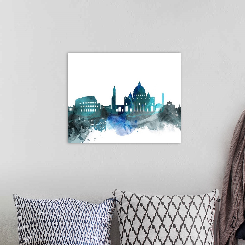 A bohemian room featuring The Rome city skyline in colorful watercolor splashes.