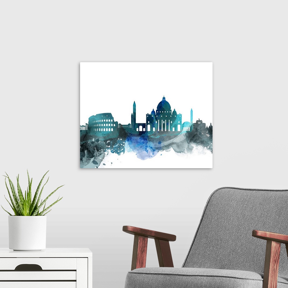 A modern room featuring The Rome city skyline in colorful watercolor splashes.