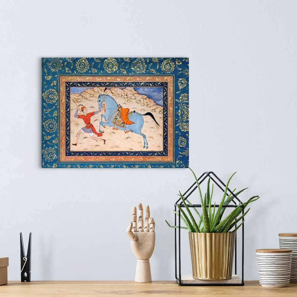 A bohemian room featuring The drawing of the blue-gray horse, its rich saddle, and the bare, rocky landscape are in a Persi...