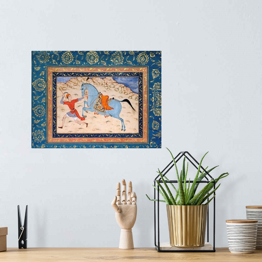 A bohemian room featuring The drawing of the blue-gray horse, its rich saddle, and the bare, rocky landscape are in a Persi...