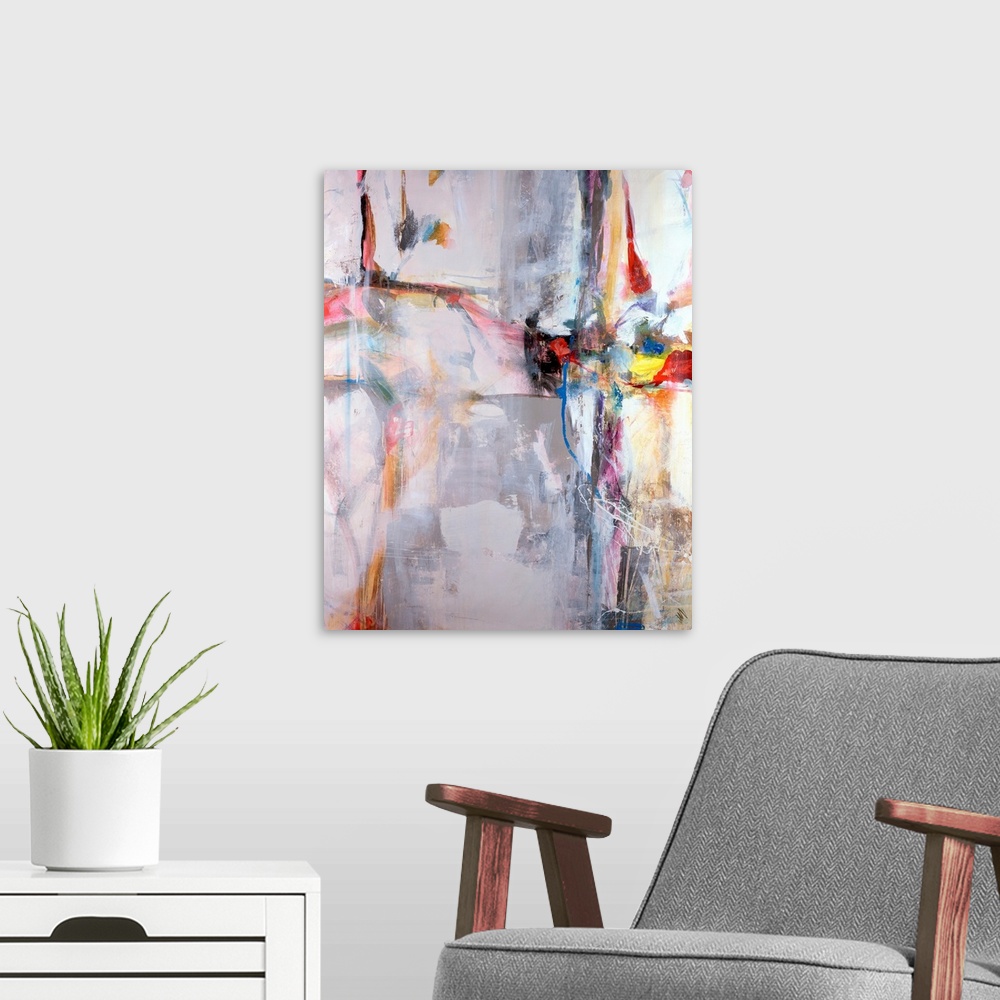 A modern room featuring Huge abstract art includes lots of short brush strokes and a slight rough texture across the enti...