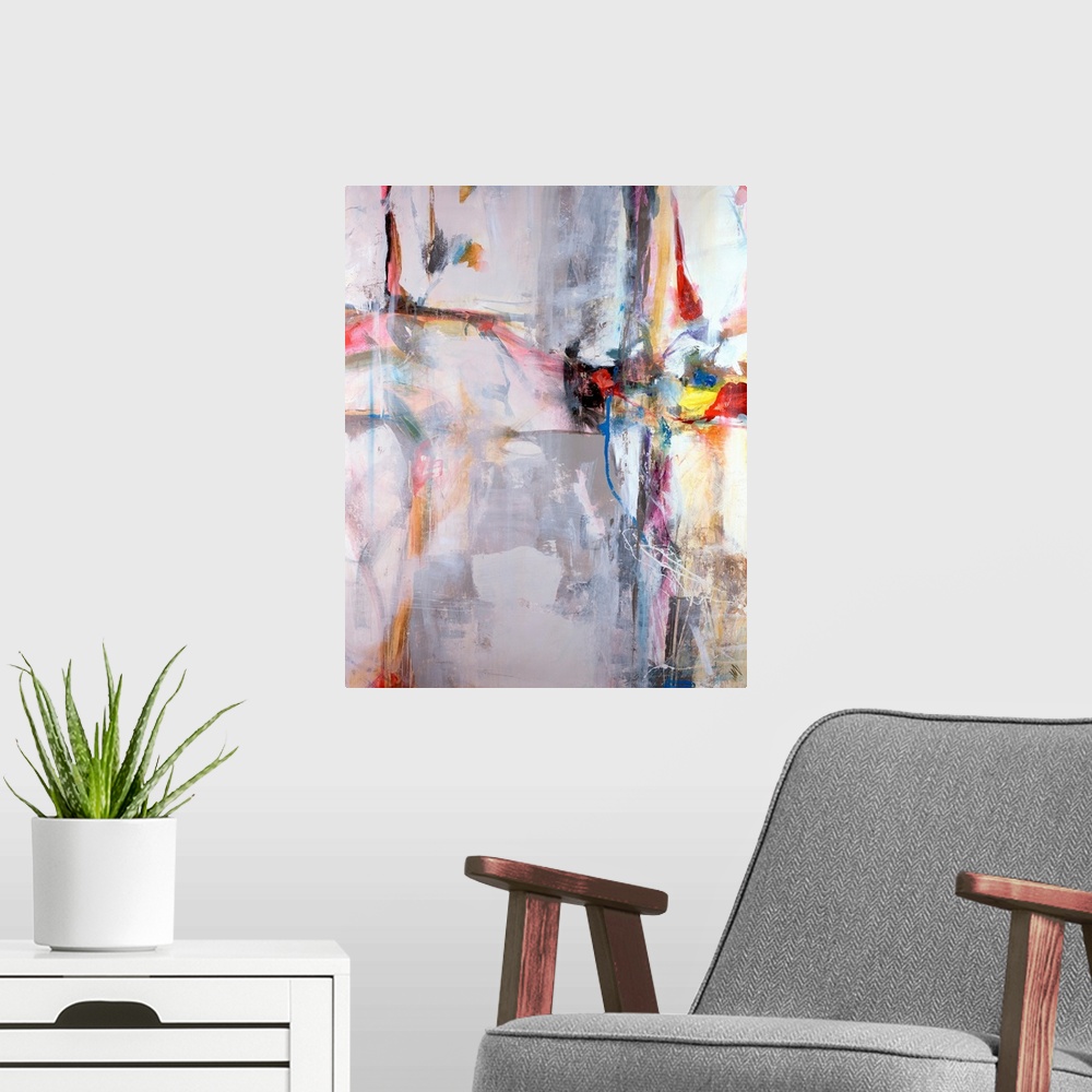 A modern room featuring Huge abstract art includes lots of short brush strokes and a slight rough texture across the enti...