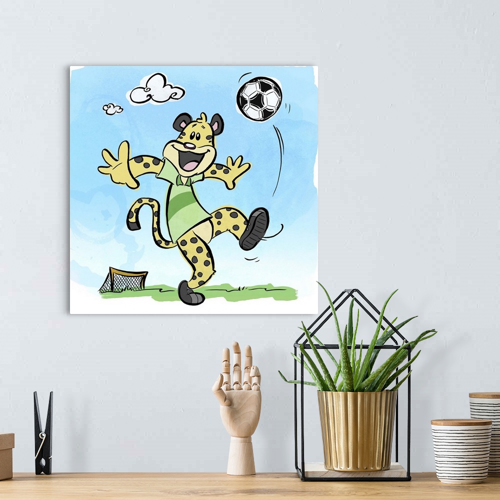 A bohemian room featuring Fun cartoon artwork of a spotted cheetah kicking a soccer ball into the air.
