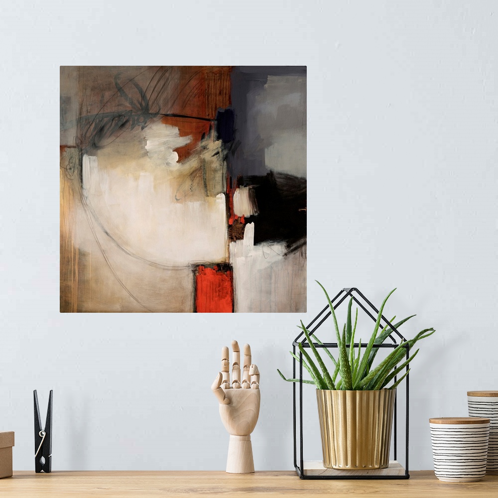 A bohemian room featuring Contemporary abstract painting consisting of random brush strokes and line scribbles with a boldl...