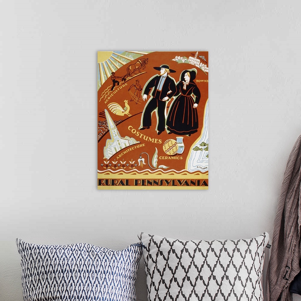 A bohemian room featuring Rural Pennsylvania. Poster promoting Pennsylvania, showing a man and a woman from a religious com...