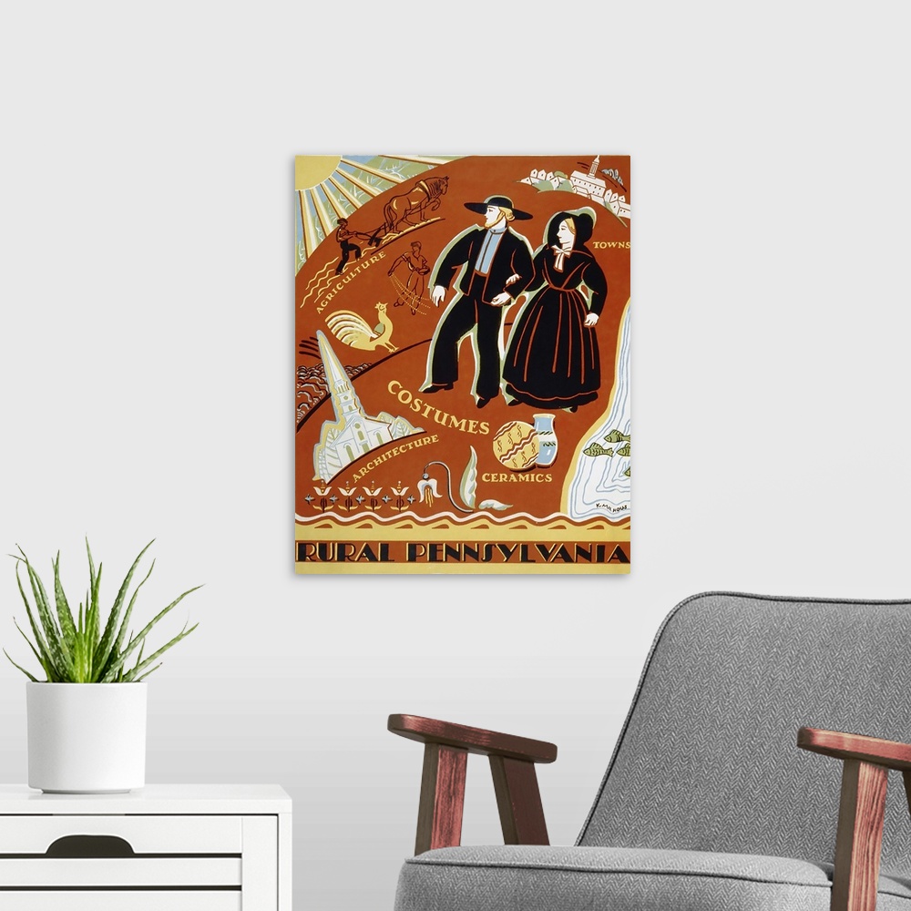 A modern room featuring Rural Pennsylvania. Poster promoting Pennsylvania, showing a man and a woman from a religious com...