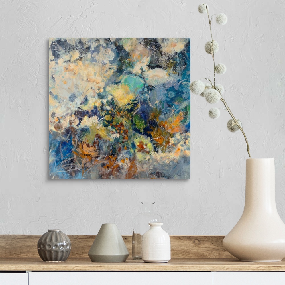 A farmhouse room featuring Huge abstract art depicts a large assortment of flowers mixed together through the use of numerou...