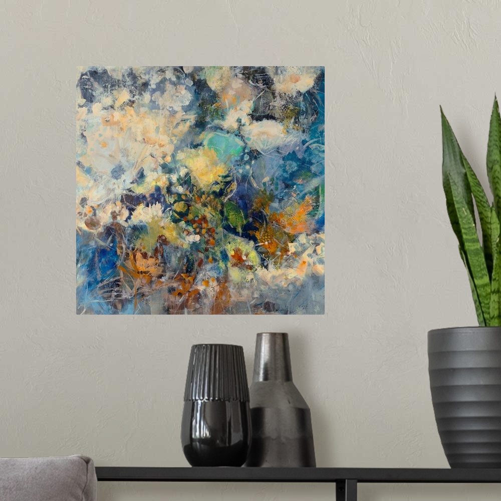 A modern room featuring Huge abstract art depicts a large assortment of flowers mixed together through the use of numerou...