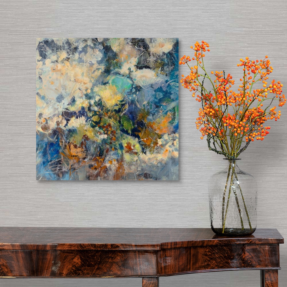 A traditional room featuring Huge abstract art depicts a large assortment of flowers mixed together through the use of numerou...