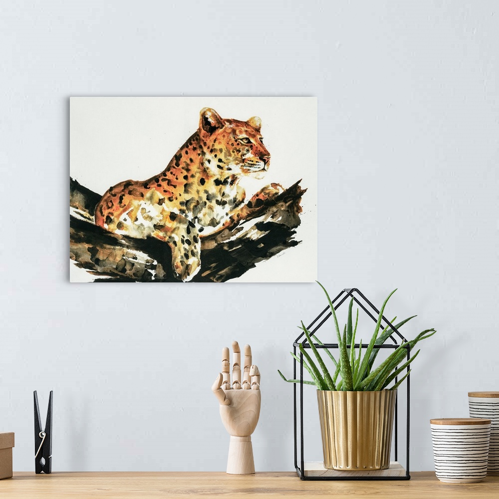 A bohemian room featuring Waterolor painting of a leopard sitting serenely in a tree.