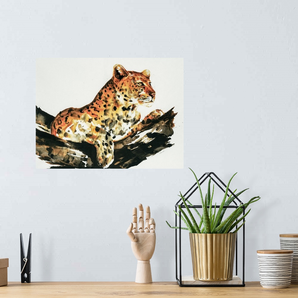A bohemian room featuring Waterolor painting of a leopard sitting serenely in a tree.