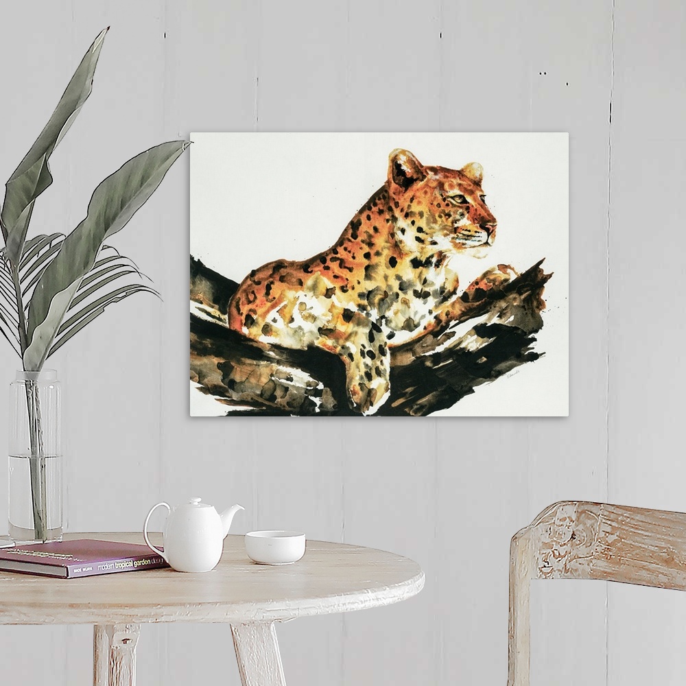 A farmhouse room featuring Waterolor painting of a leopard sitting serenely in a tree.