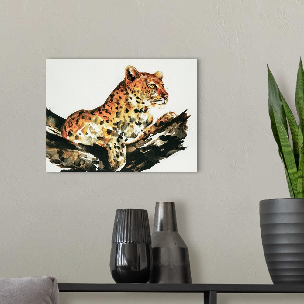 A modern room featuring Waterolor painting of a leopard sitting serenely in a tree.