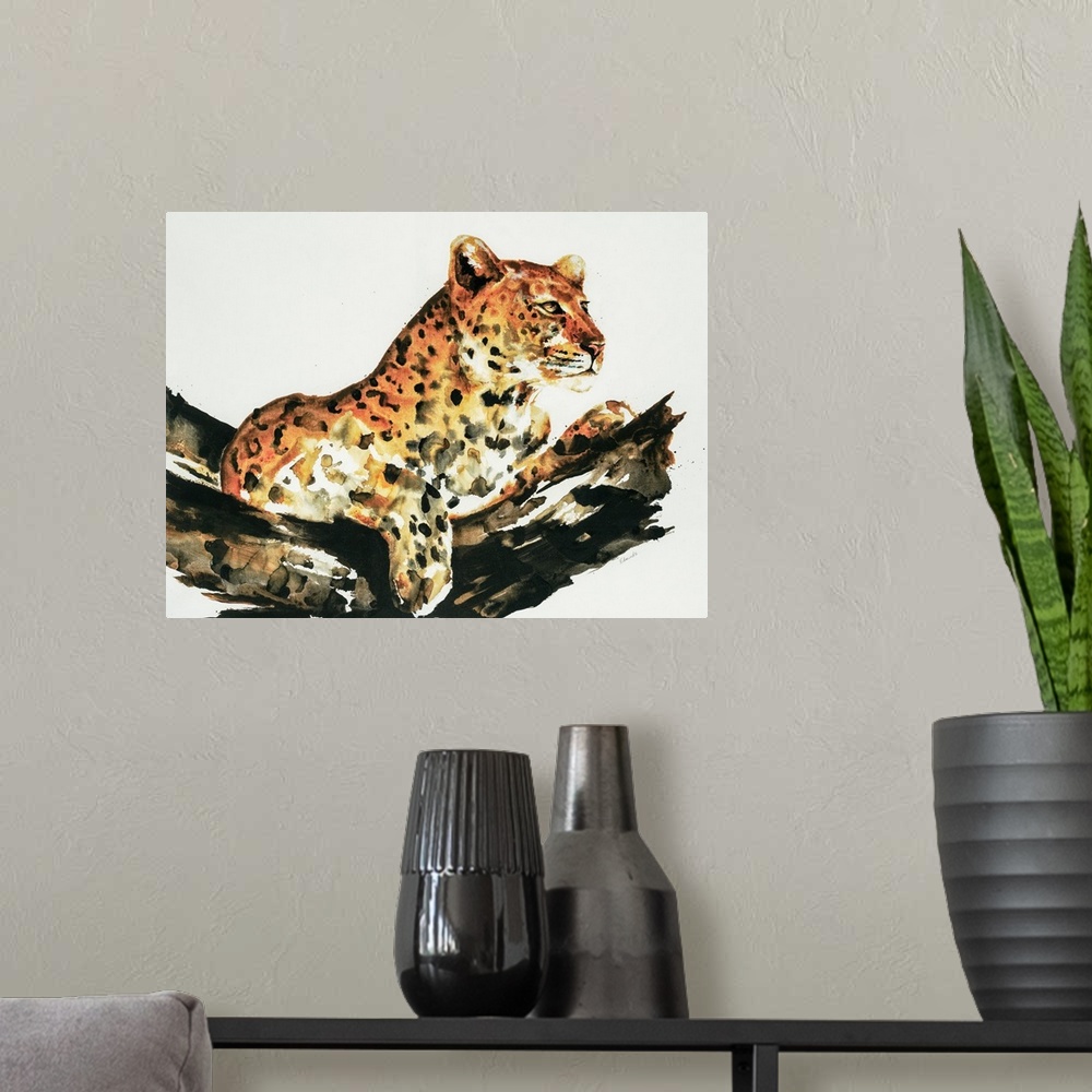 A modern room featuring Waterolor painting of a leopard sitting serenely in a tree.