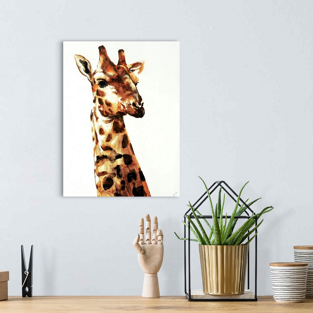 A bohemian room featuring Watercolor portrait of a giraffe in various orange and brown tones.