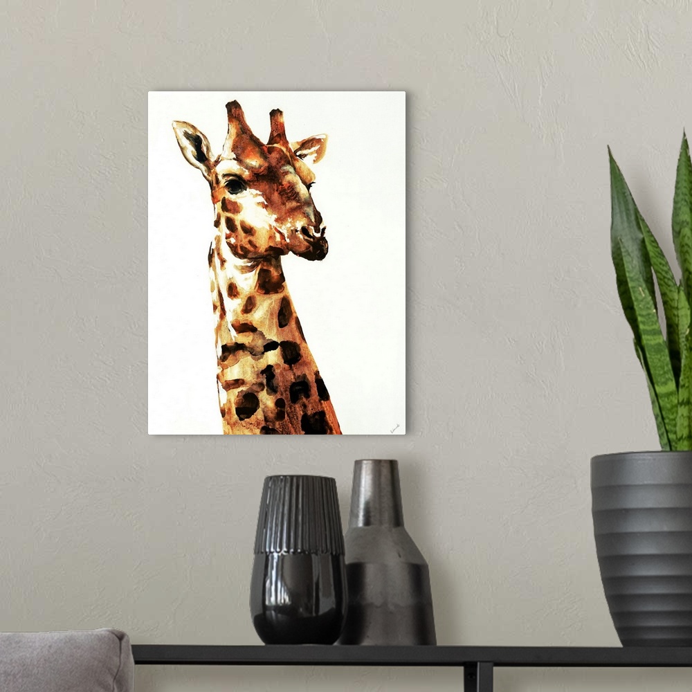 A modern room featuring Watercolor portrait of a giraffe in various orange and brown tones.