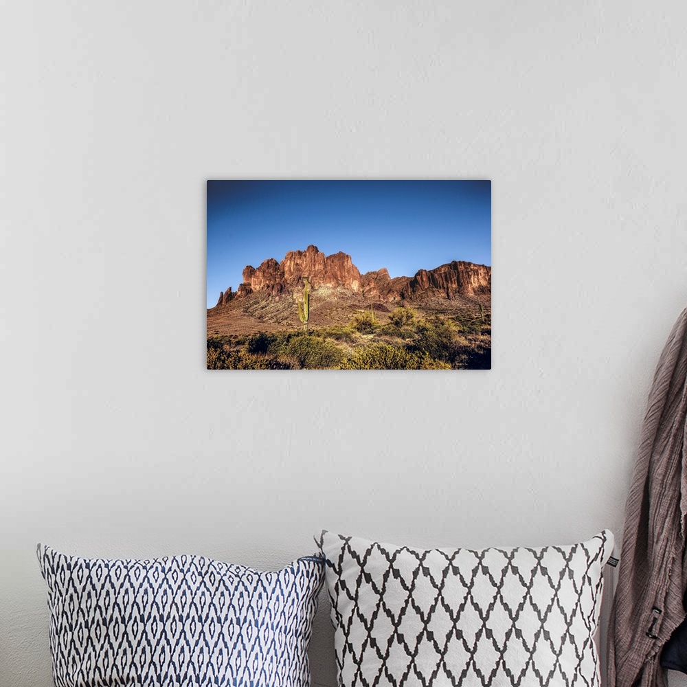 A bohemian room featuring Saguaro cactus and Superstition mountain in Phoenix, Arizona.