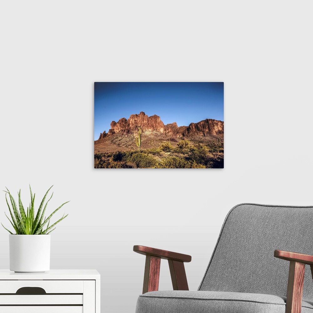 A modern room featuring Saguaro cactus and Superstition mountain in Phoenix, Arizona.