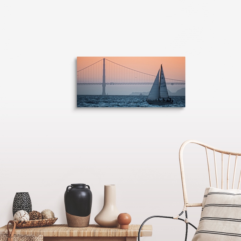 A farmhouse room featuring Sunset photograph of a sailboat on the San Francisco Bay with the Golden Gate Bridge in the backg...