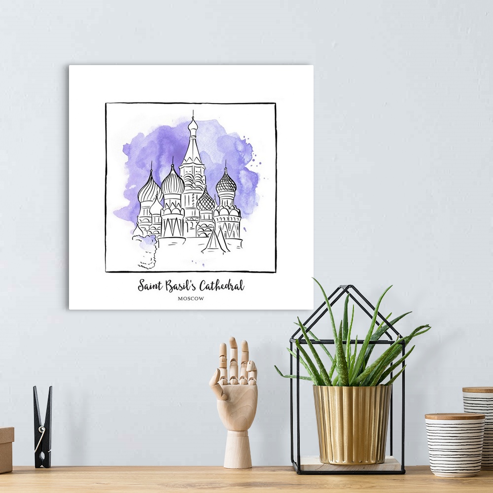 A bohemian room featuring An ink illustration of Saint Basil's Cathedral in Moscow, Russia, with a violet watercolor wash.
