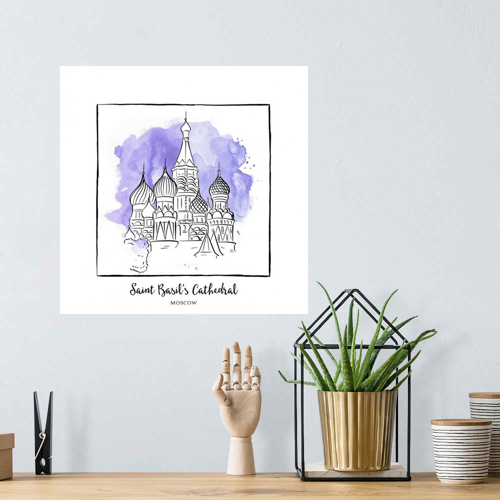 A bohemian room featuring An ink illustration of Saint Basil's Cathedral in Moscow, Russia, with a violet watercolor wash.