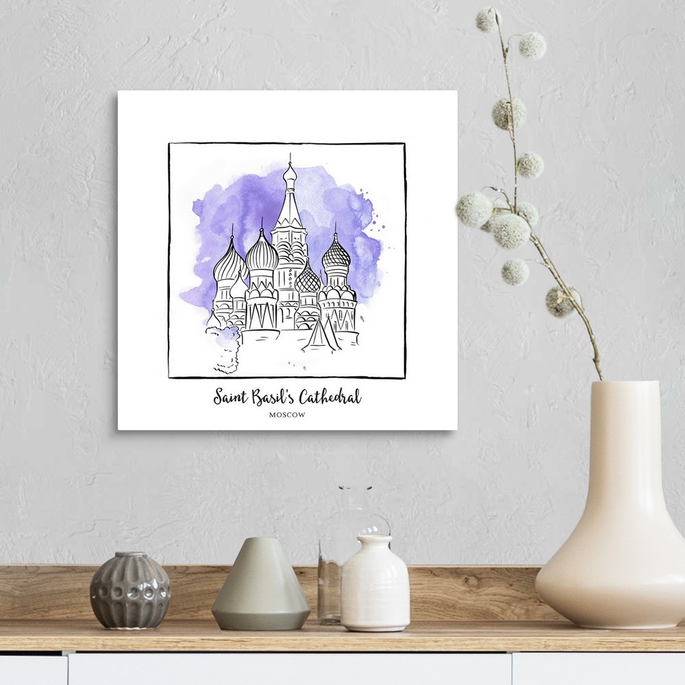 A farmhouse room featuring An ink illustration of Saint Basil's Cathedral in Moscow, Russia, with a violet watercolor wash.