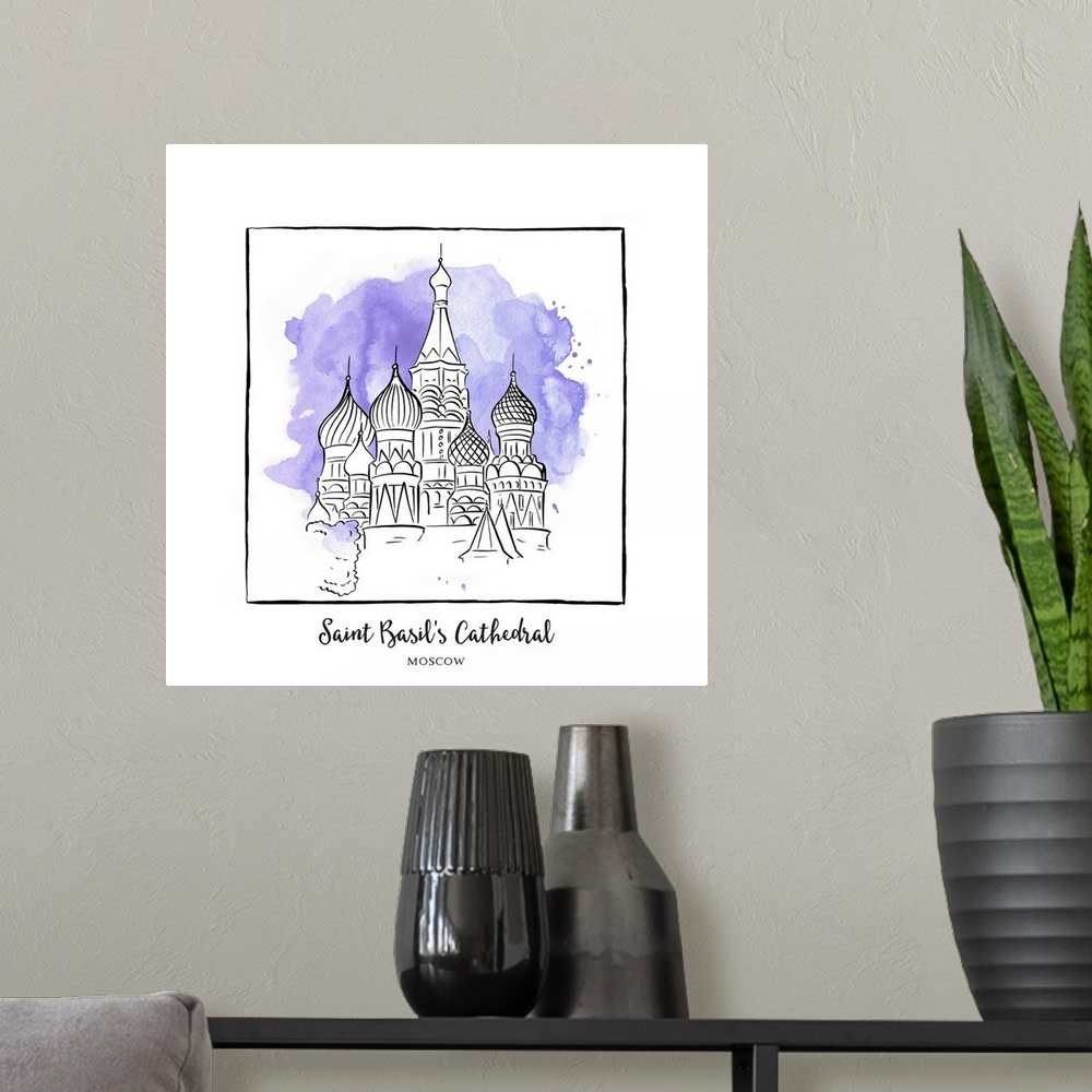 A modern room featuring An ink illustration of Saint Basil's Cathedral in Moscow, Russia, with a violet watercolor wash.
