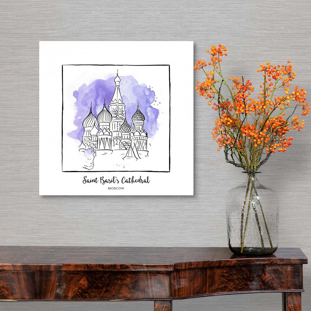 A traditional room featuring An ink illustration of Saint Basil's Cathedral in Moscow, Russia, with a violet watercolor wash.