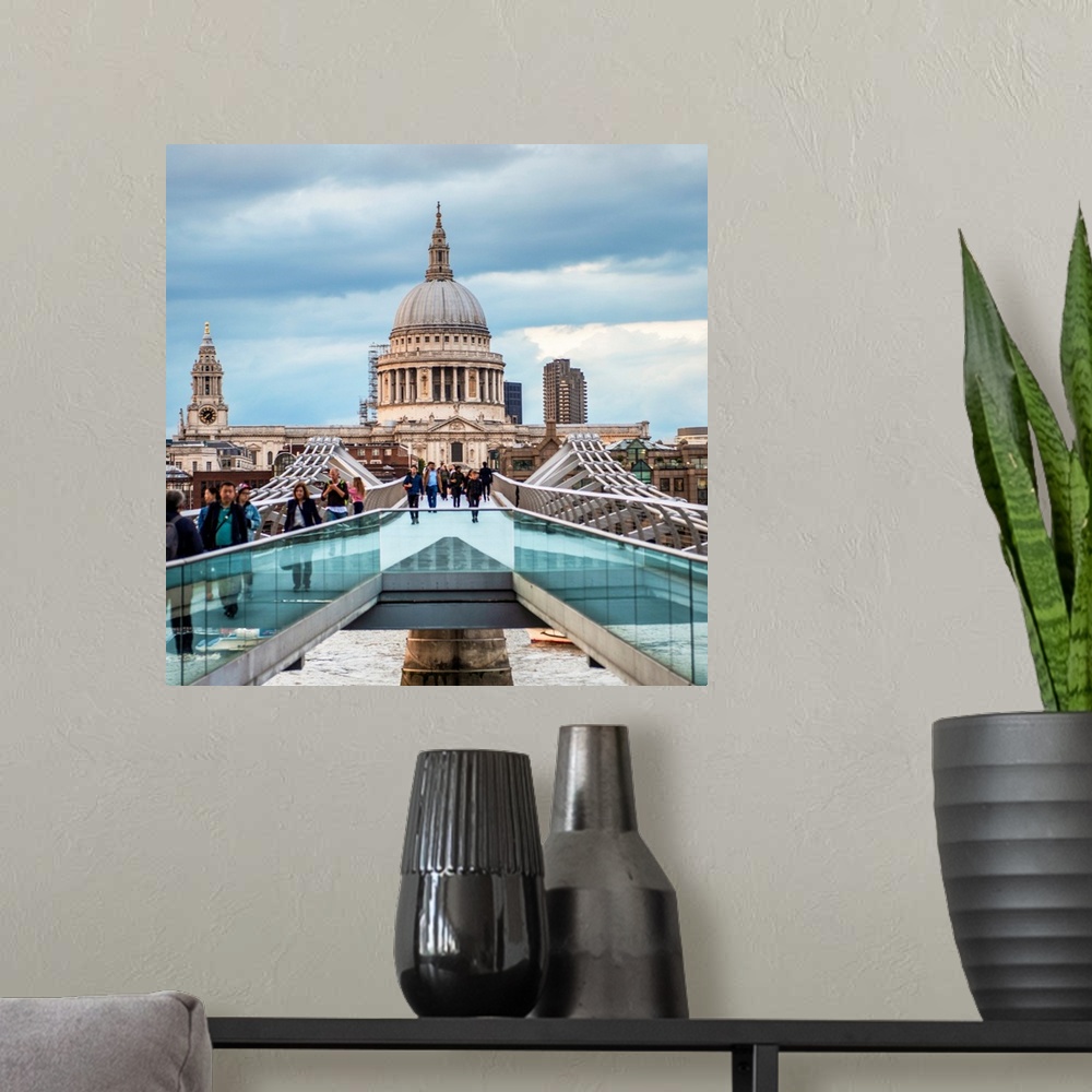 A modern room featuring Square photograph of Saint Paul's Cathedral taken from the Millennium Bridge in London, England.