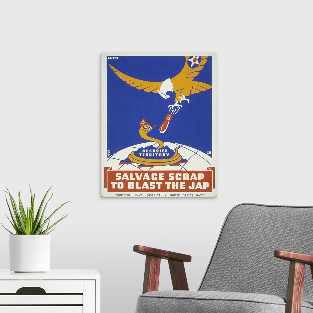 A modern room featuring Artwork for Thirteenth Naval District, United States Navy, showing a snake representing Japan bei...