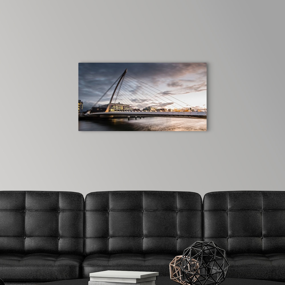 A modern room featuring Panoramic photograph of the Samuel Beckett Bridge, a cable-stayed bridge in Dublin, Ireland going...