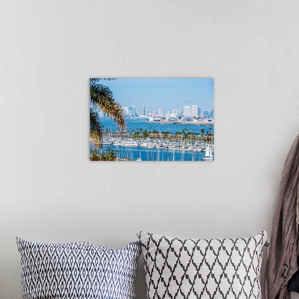 A bohemian room featuring Panoramic photograph of the San Diego, California skyline with a marina in the foreground packed ...