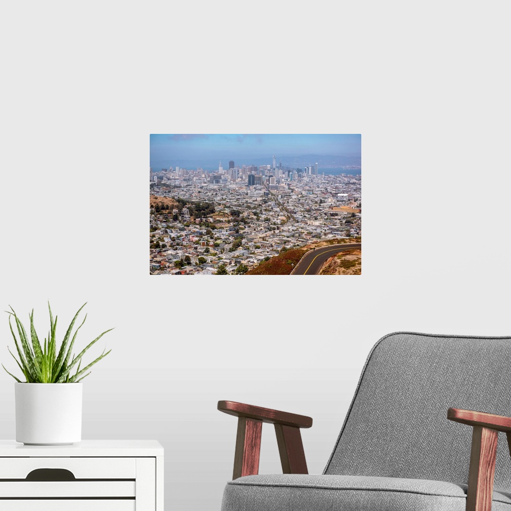 A modern room featuring View of San Francisco's city skyline from Twin Peaks in San Francisco.