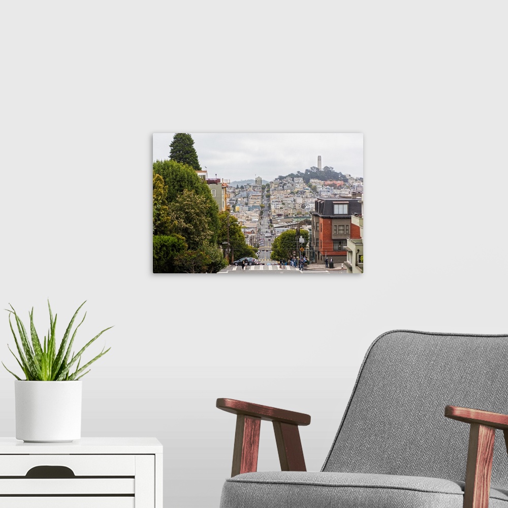 A modern room featuring Street view photograph of San Francisco highlighting how hilly the roads are.