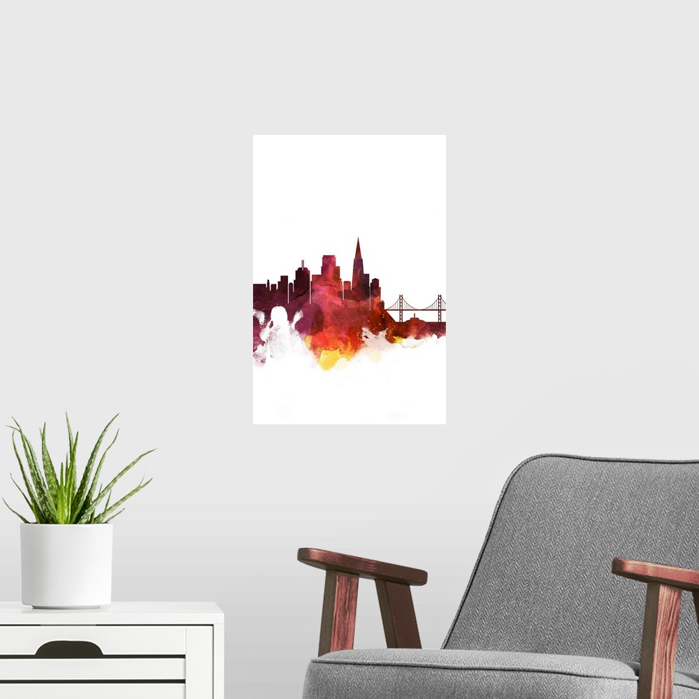 A modern room featuring The San Francisco city skyline in colorful watercolor splashes.